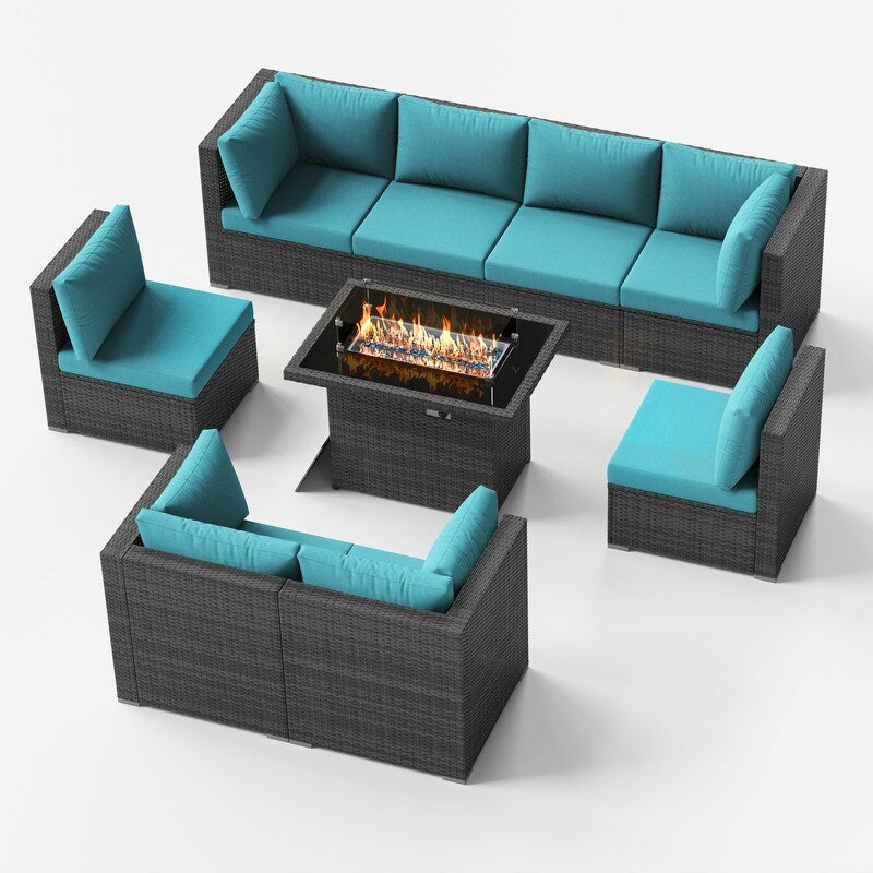 FINCATI 9-piece Extra Large High Back Outdoor Patio Furniture Sectional Conversation Sofa Set with Fire Pit Table