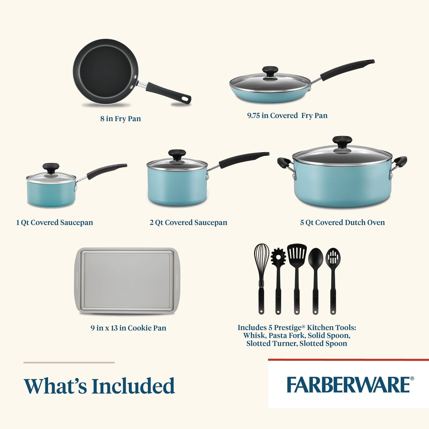 Farberware Easy Clean Aluminum Nonstick Cookware Pots and Pans Set, 15-Piece, Aqua
