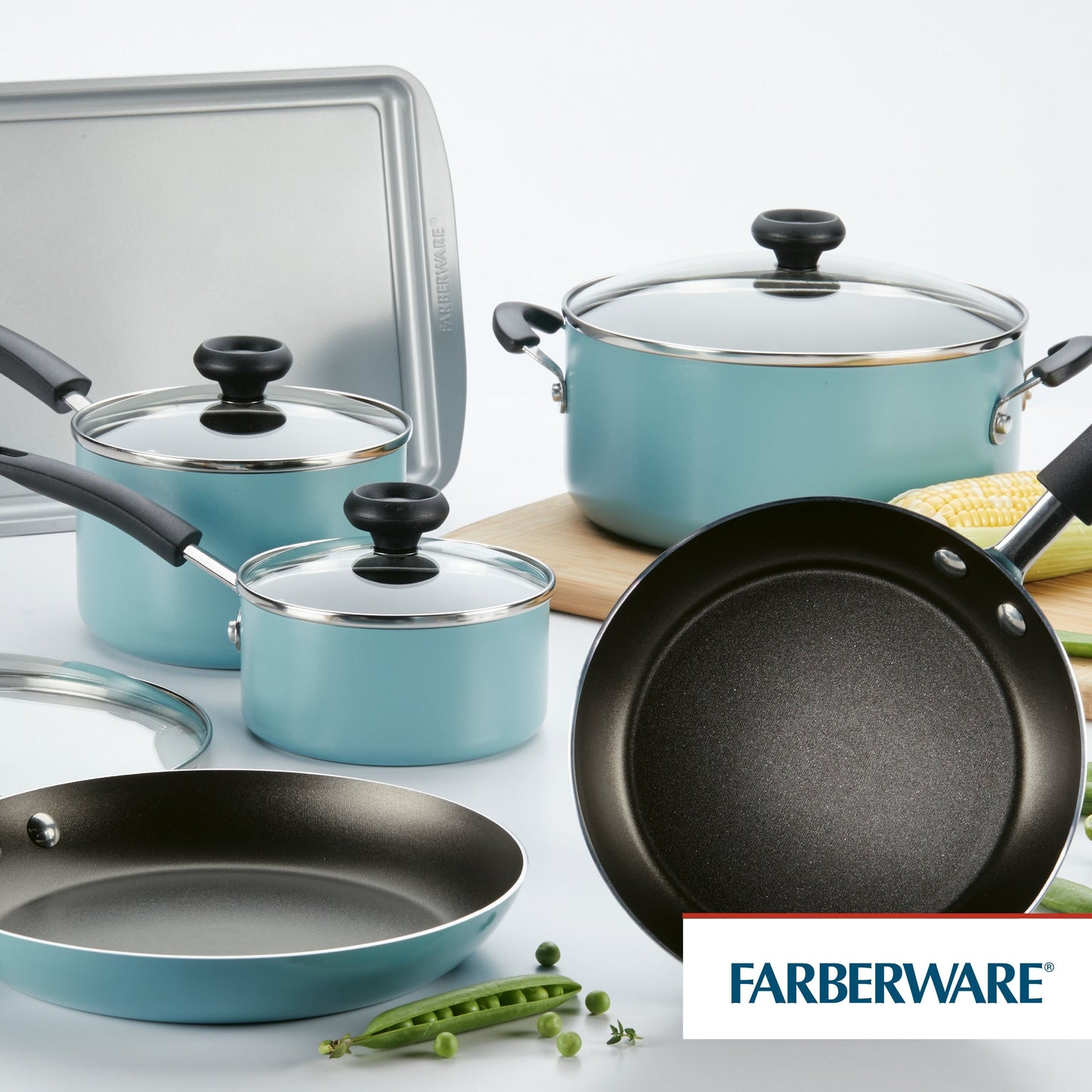 Farberware Easy Clean Aluminum Nonstick Cookware Pots and Pans Set, 15-Piece, Aqua