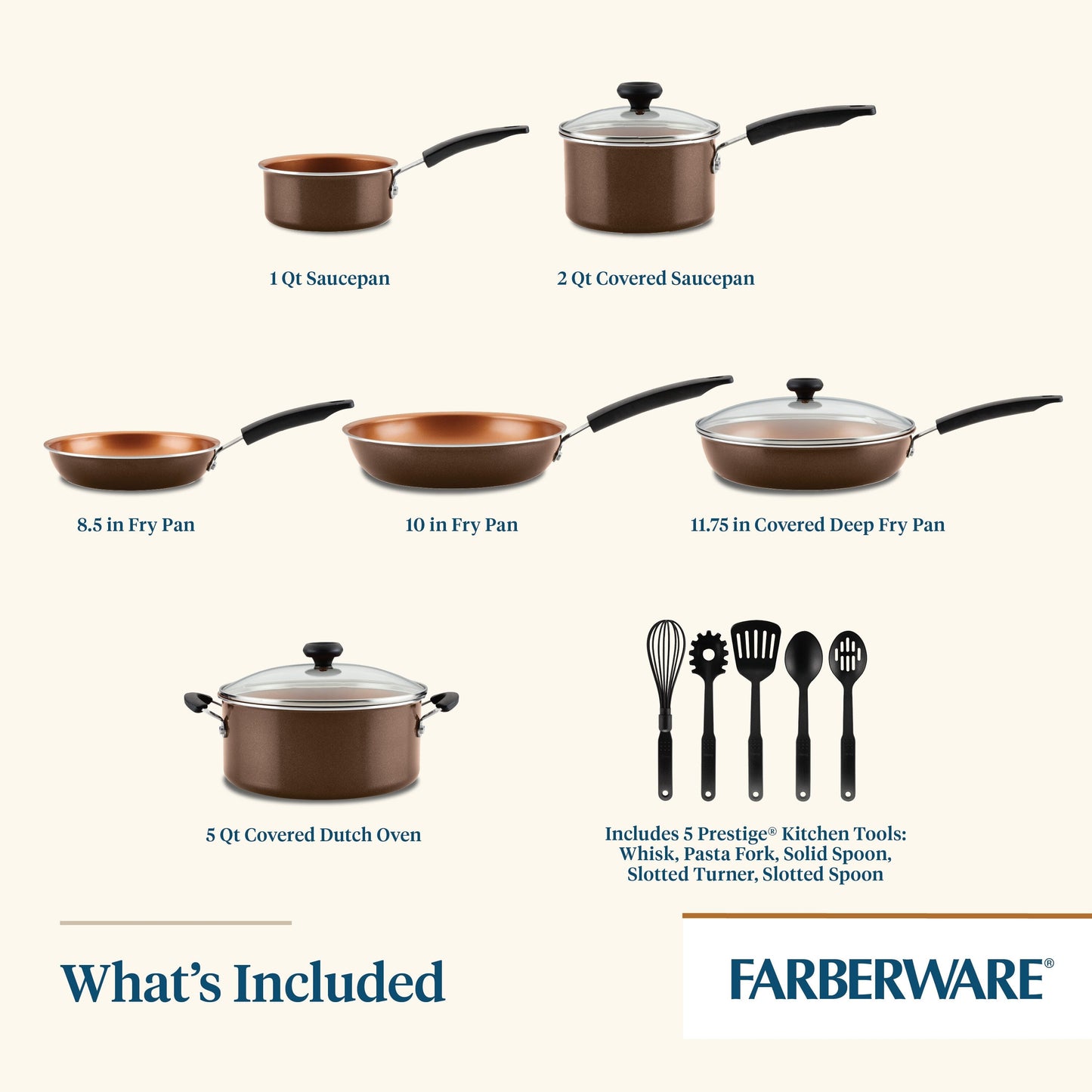 Farberware Easy Clean Pro Ceramic Nonstick Cookware Pots and Pans Set, 14-Piece, Brown