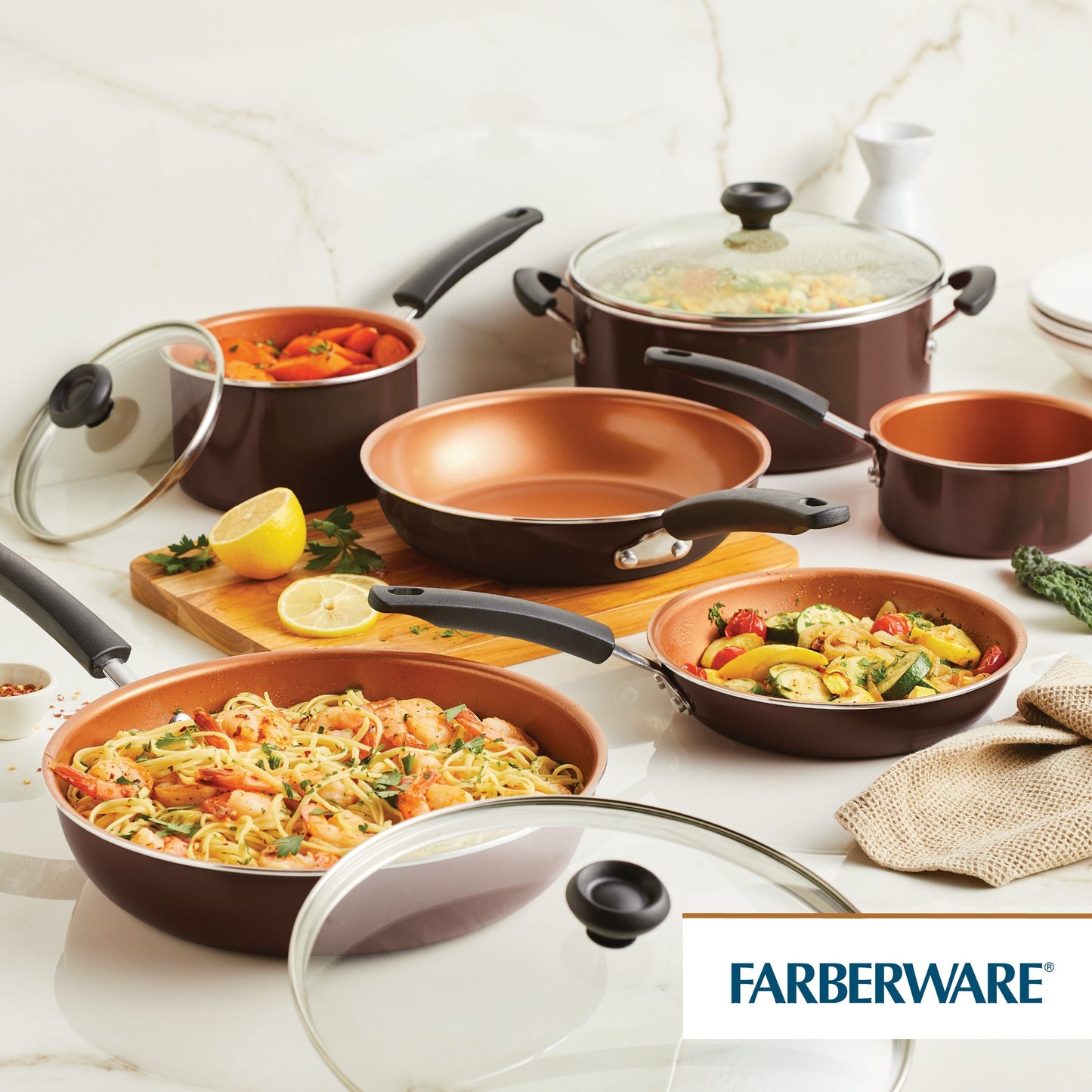 Farberware Easy Clean Pro Ceramic Nonstick Cookware Pots and Pans Set, 14-Piece, Brown