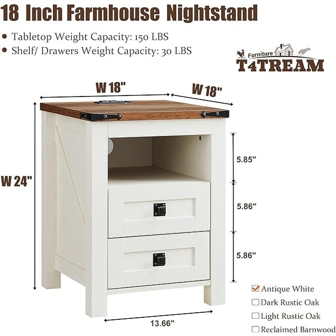 Farmhouse Nightstand with Charging Station, End Table, Side Table