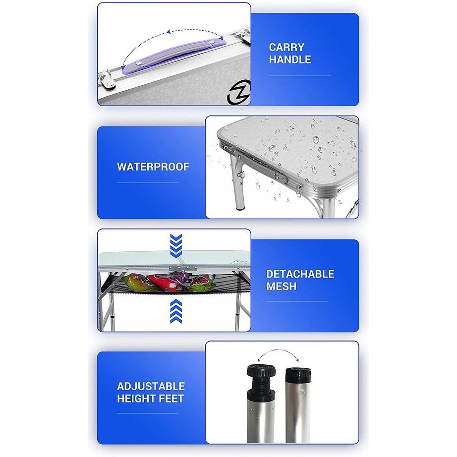 Folding Card Table Adjustable Height, Portable Camping Table Lightweight Aluminum, with Carry Handle for Outdoor, Beach
