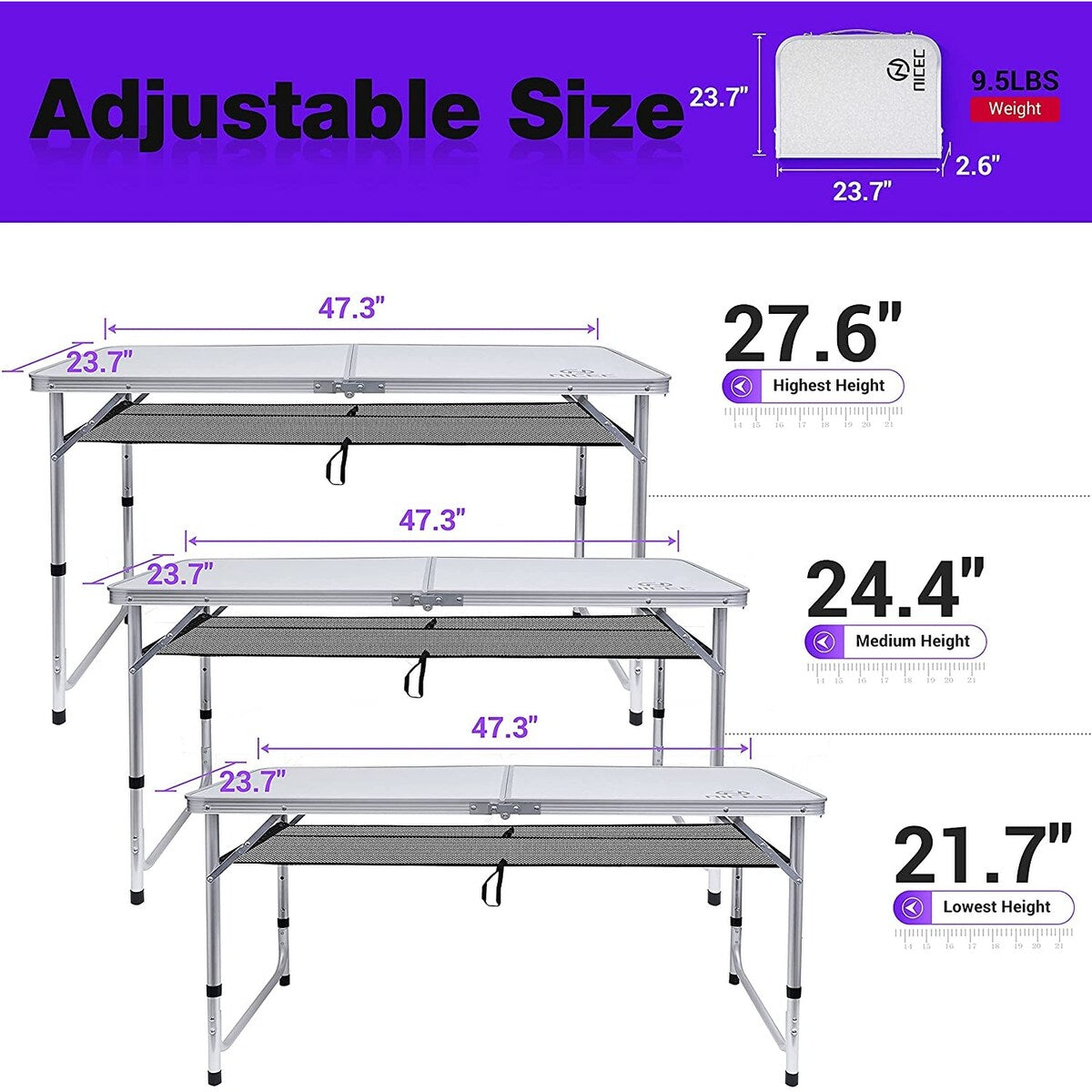 Folding Card Table Adjustable Height, Portable Camping Table Lightweight Aluminum, with Carry Handle for Outdoor, Beach