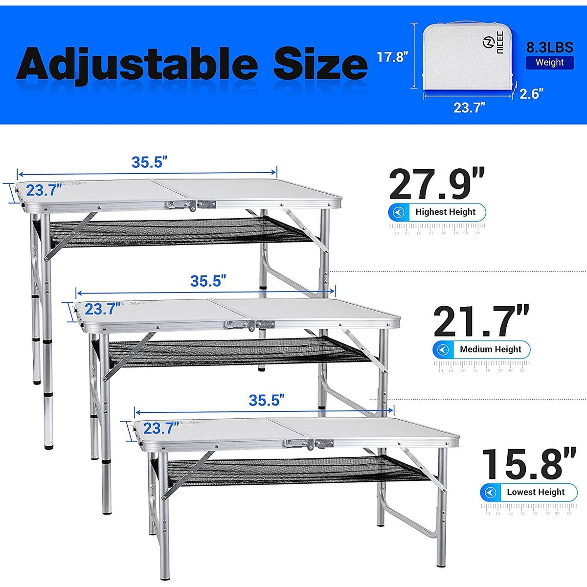 Folding Card Table Adjustable Height, Portable Camping Table Lightweight Aluminum, with Carry Handle for Outdoor, Beach