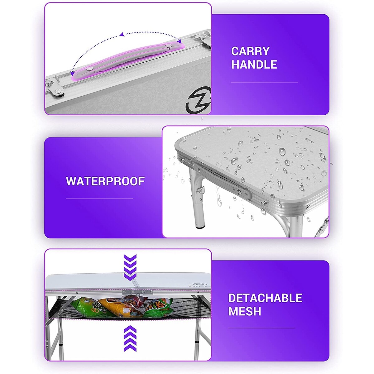 Folding Card Table Adjustable Height, Portable Camping Table Lightweight Aluminum, with Carry Handle for Outdoor, Beach