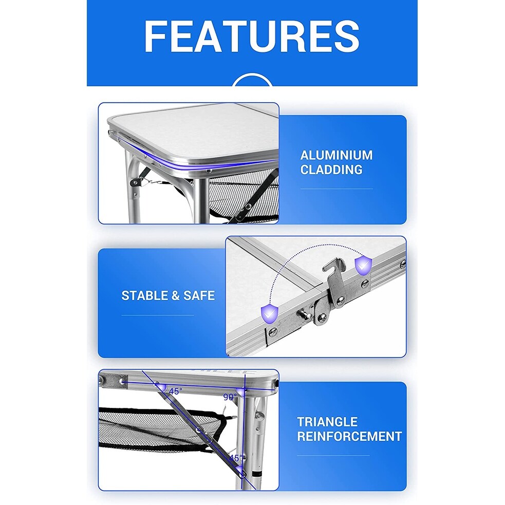 Folding Card Table Adjustable Height, Portable Camping Table Lightweight Aluminum, with Carry Handle for Outdoor, Beach