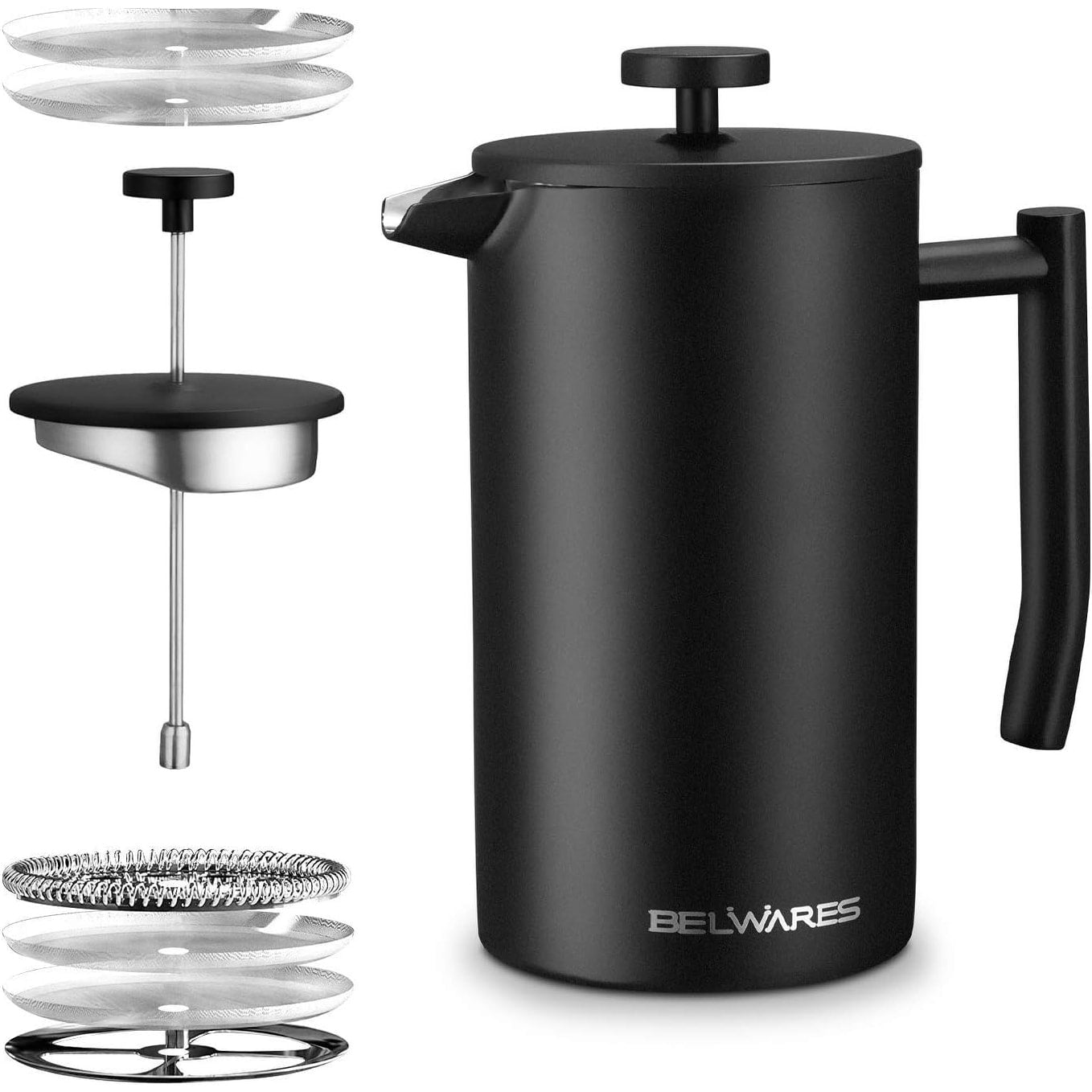 French Press Coffee Maker – Insulated Coffee Press Stainless Steel 304 – Coffee Spoon, Double Wall, & 4 Level Filtration System