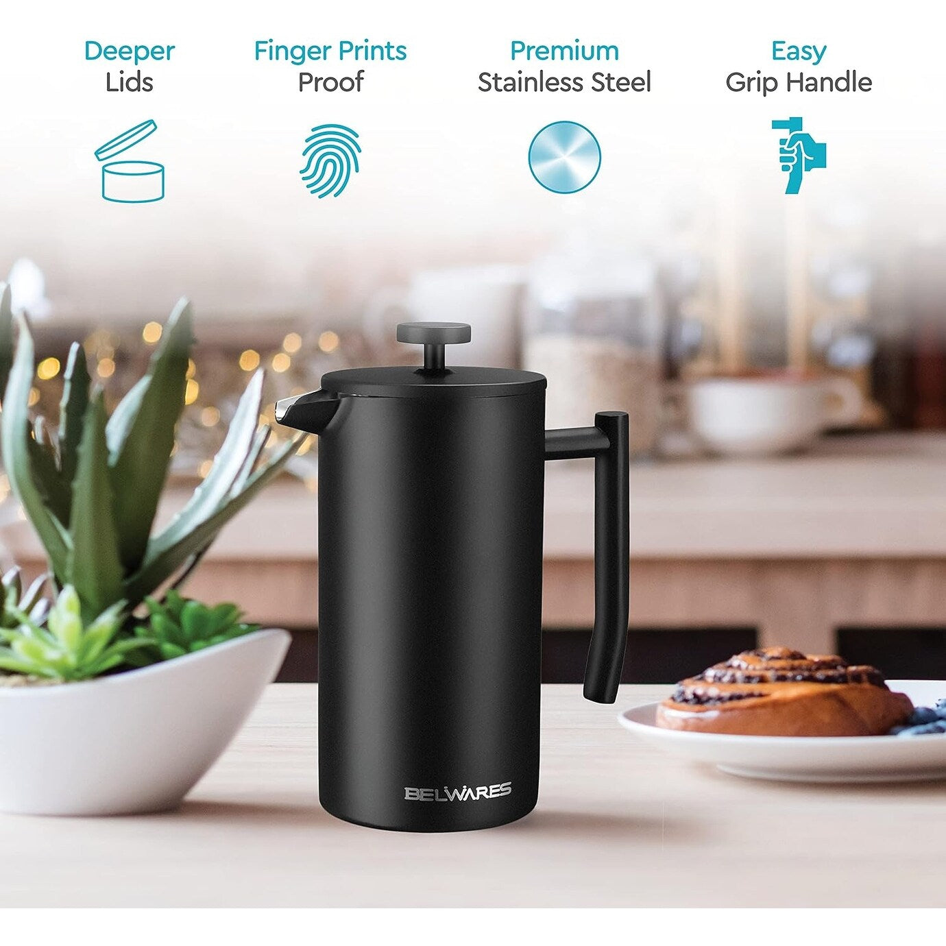 French Press Coffee Maker – Insulated Coffee Press Stainless Steel 304 – Coffee Spoon, Double Wall, & 4 Level Filtration System