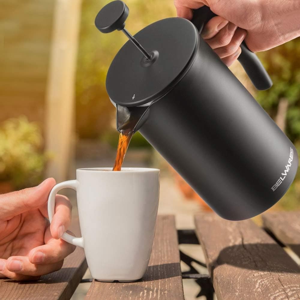 French Press Coffee Maker – Insulated Coffee Press Stainless Steel 304 – Coffee Spoon, Double Wall, & 4 Level Filtration System