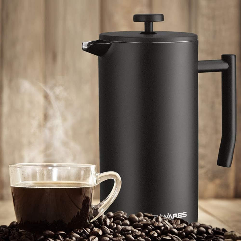 French Press Coffee Maker – Insulated Coffee Press Stainless Steel 304 – Coffee Spoon, Double Wall, & 4 Level Filtration System