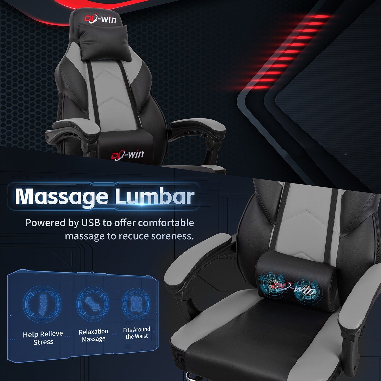 Futzca Gaming Chair PU Leather Office Chair with Headrest, Footrest & Massage Lumbar Support