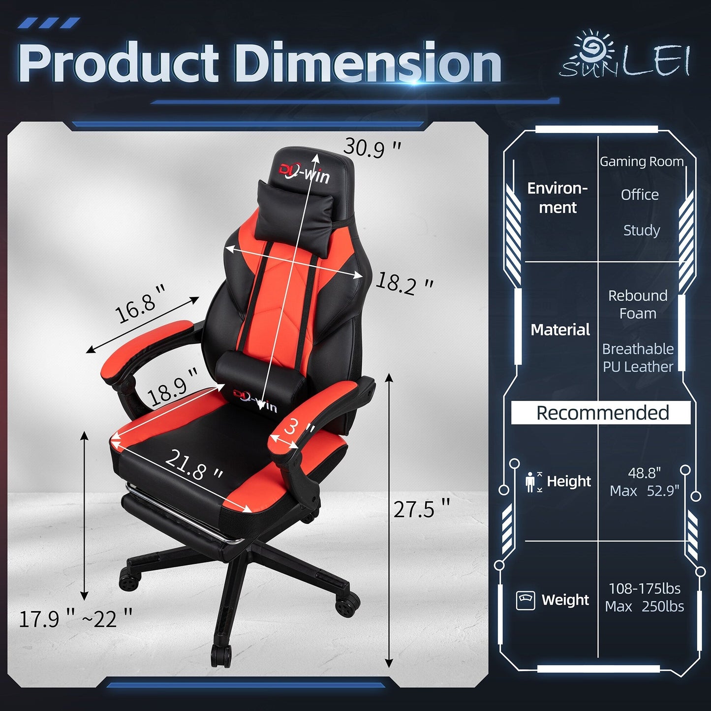 Futzca Gaming Chair PU Leather Office Chair with Headrest, Footrest & Massage Lumbar Support