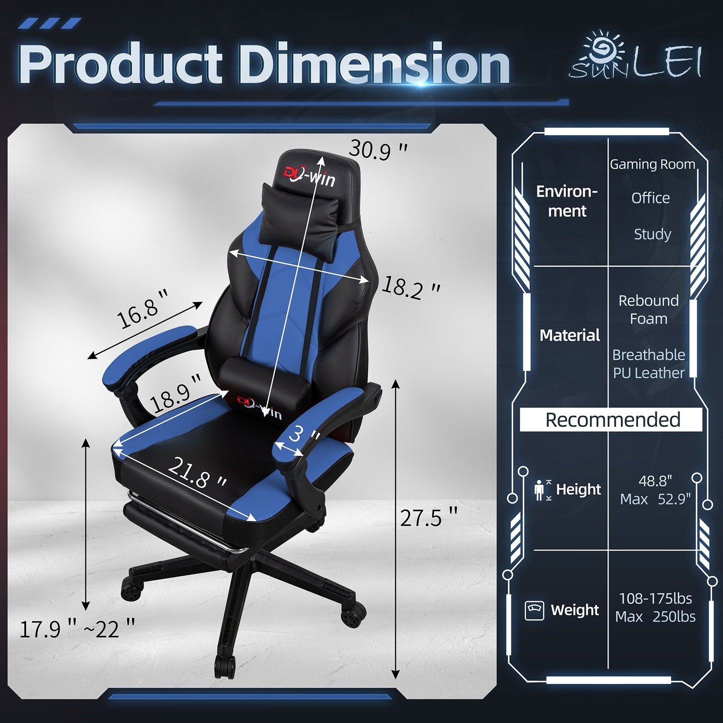 Futzca Gaming Chair PU Leather Office Chair with Headrest, Footrest & Massage Lumbar Support