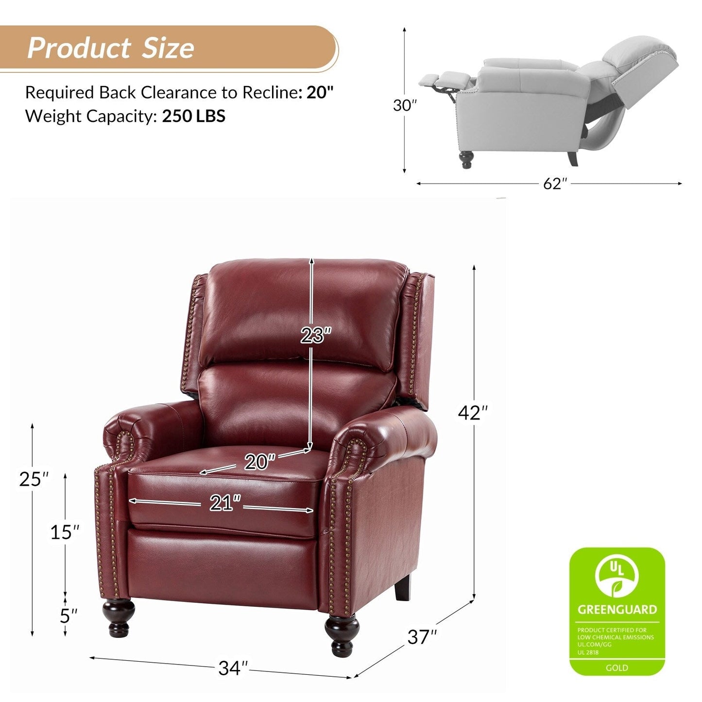 Gabriela Mid-Century Modern Genuine Leather Recliner Nail Head Trim Set of 2 by HULALA HOME