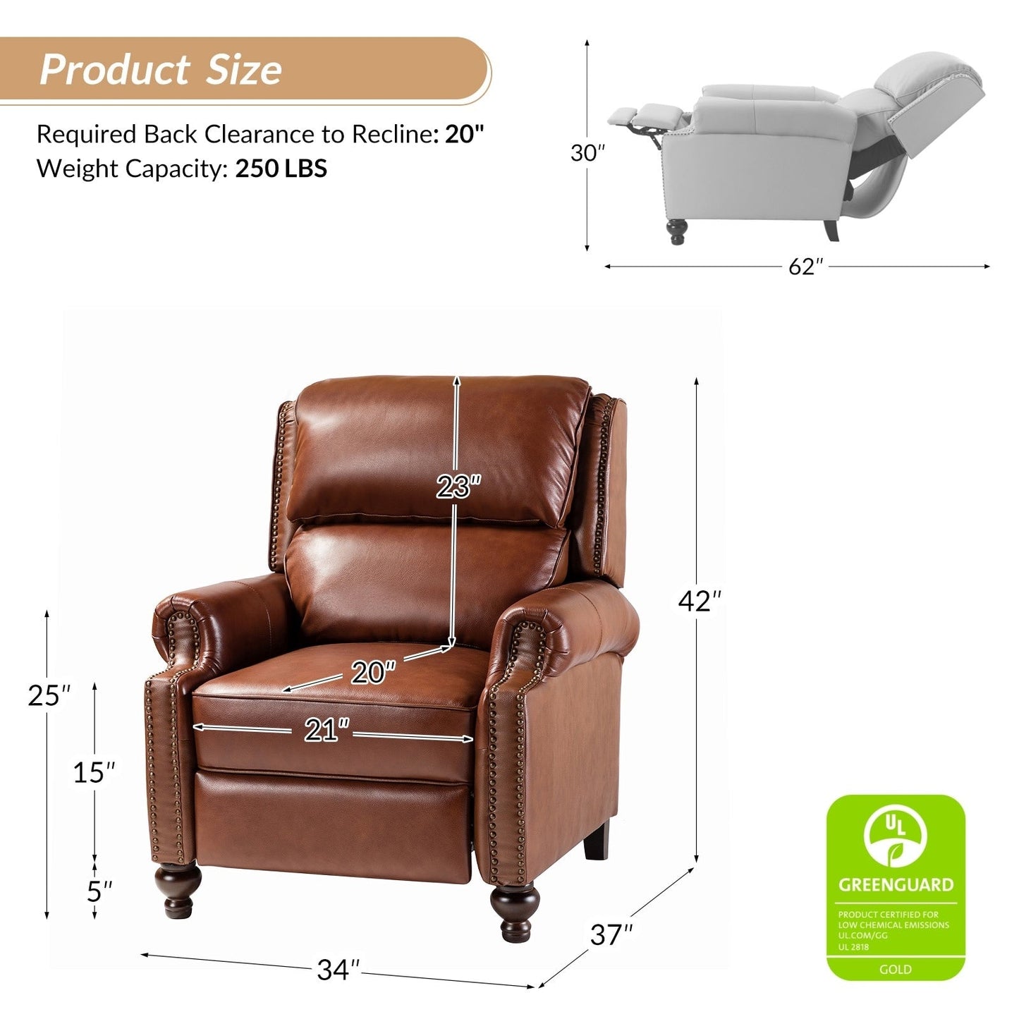 Gabriela Mid-Century Modern Genuine Leather Recliner Nail Head Trim Set of 2 by HULALA HOME