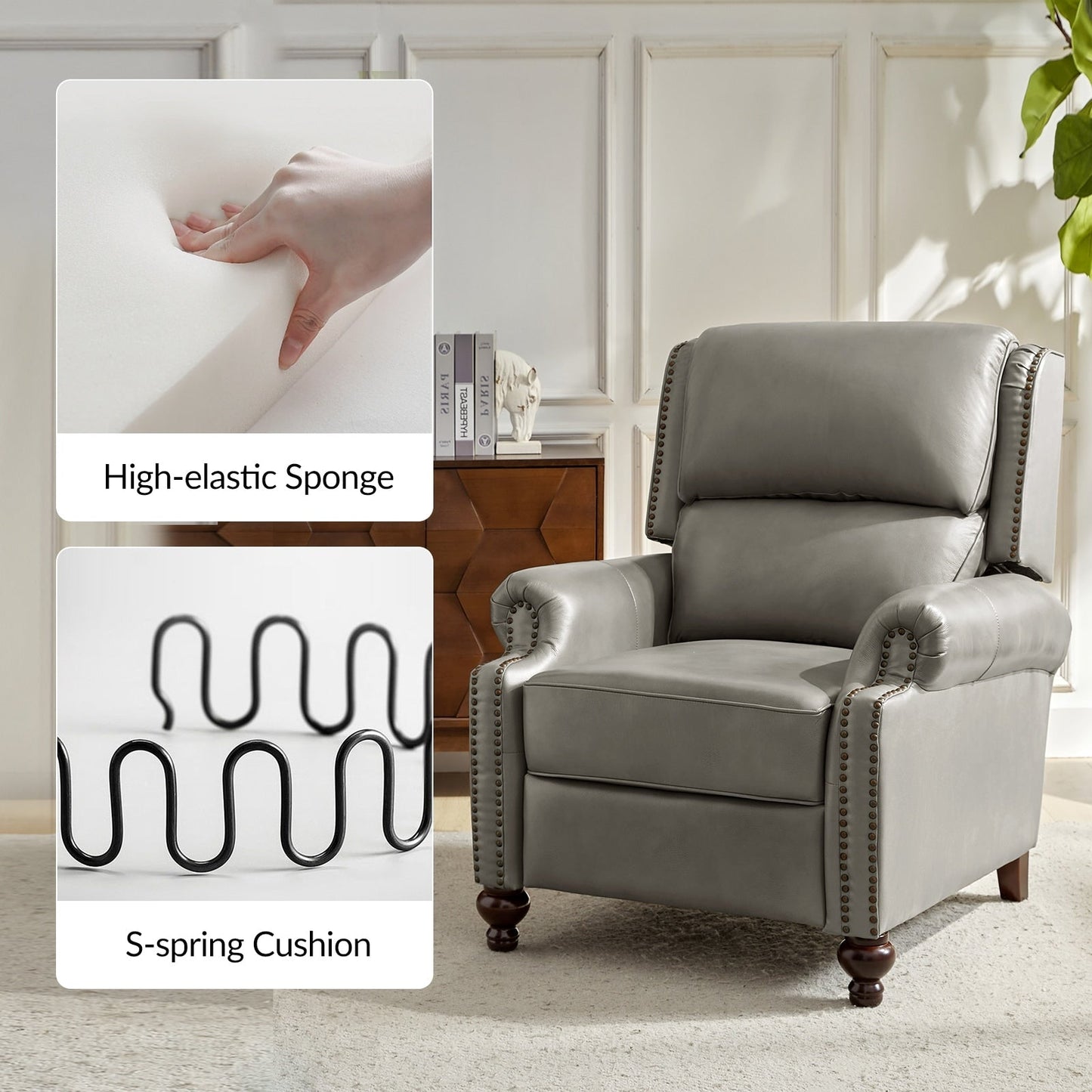 Gabriela Mid-Century Modern Genuine Leather Recliner Nail Head Trim Set of 2 by HULALA HOME