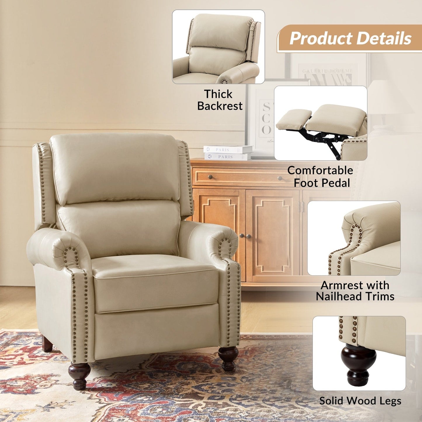 Gabriela Mid-Century Modern Genuine Leather Recliner Nail Head Trim Set of 2 by HULALA HOME