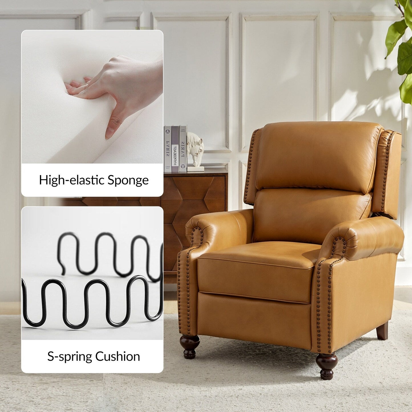 Gabriela Mid-Century Modern Genuine Leather Recliner Nail Head Trim Set of 2 by HULALA HOME