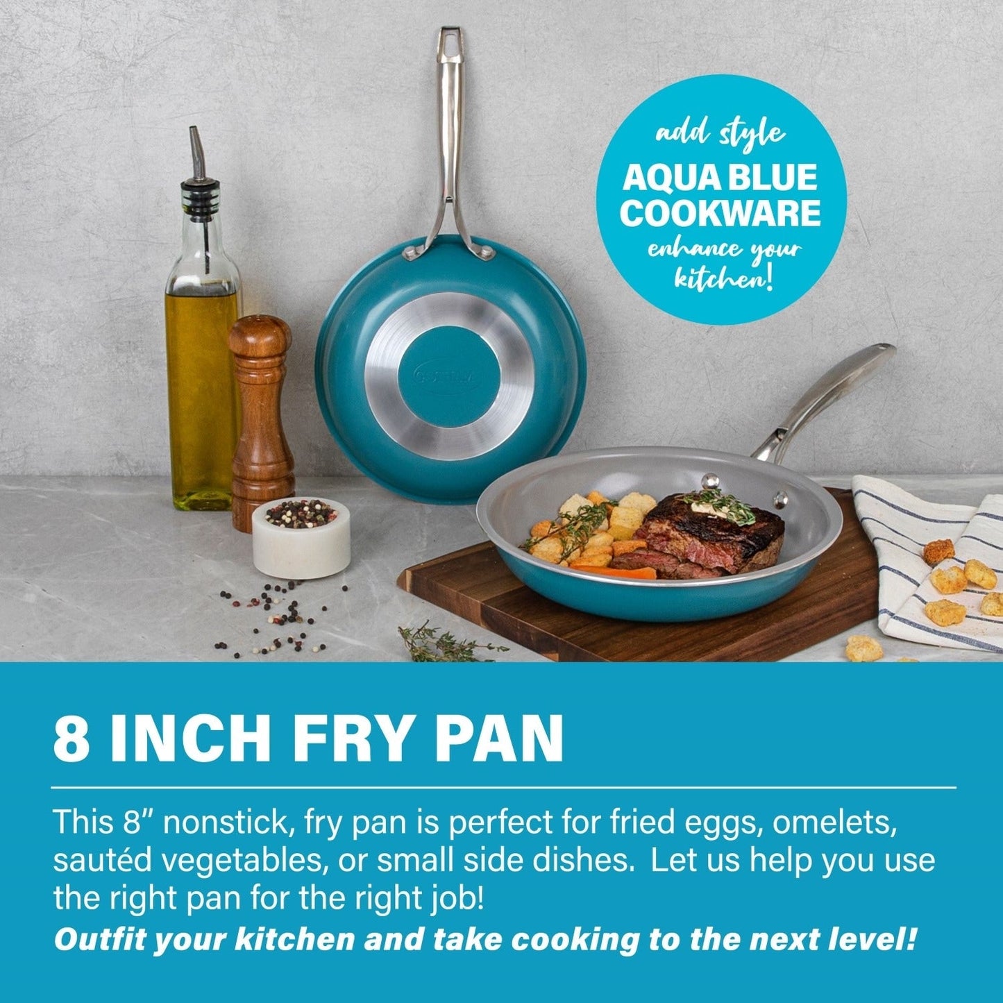 Gotham Steel Aqua Blue 8 Nonstick Fry Pan with Stay Cool Handle.