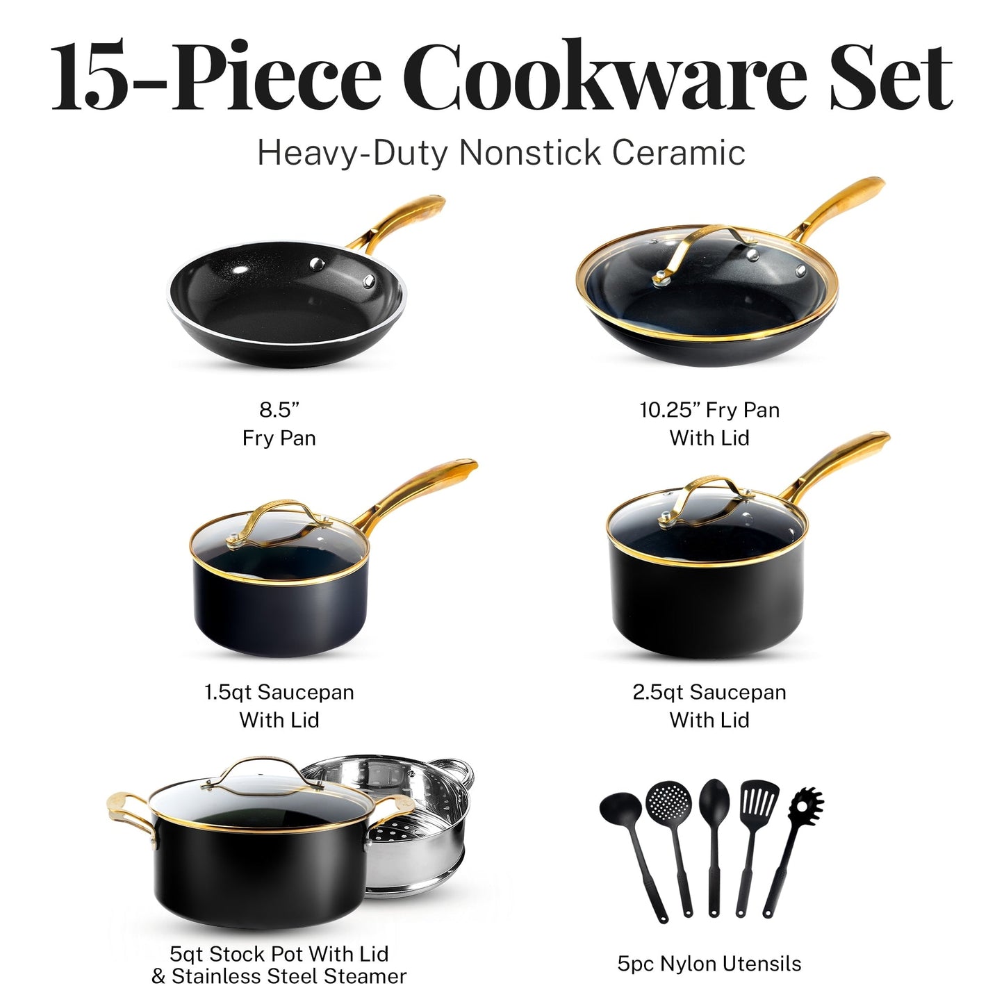 Gotham Steel Black Pots and Pans 15 Piece Ultra Nonstick Ceramic Cookware Set with Utensils