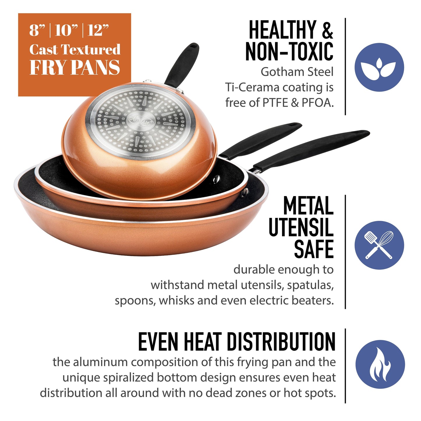 Gotham Steel Copper Cast Textured 3 Pack Nonstick Fry Pan Set - 8'' 10'' and 12''