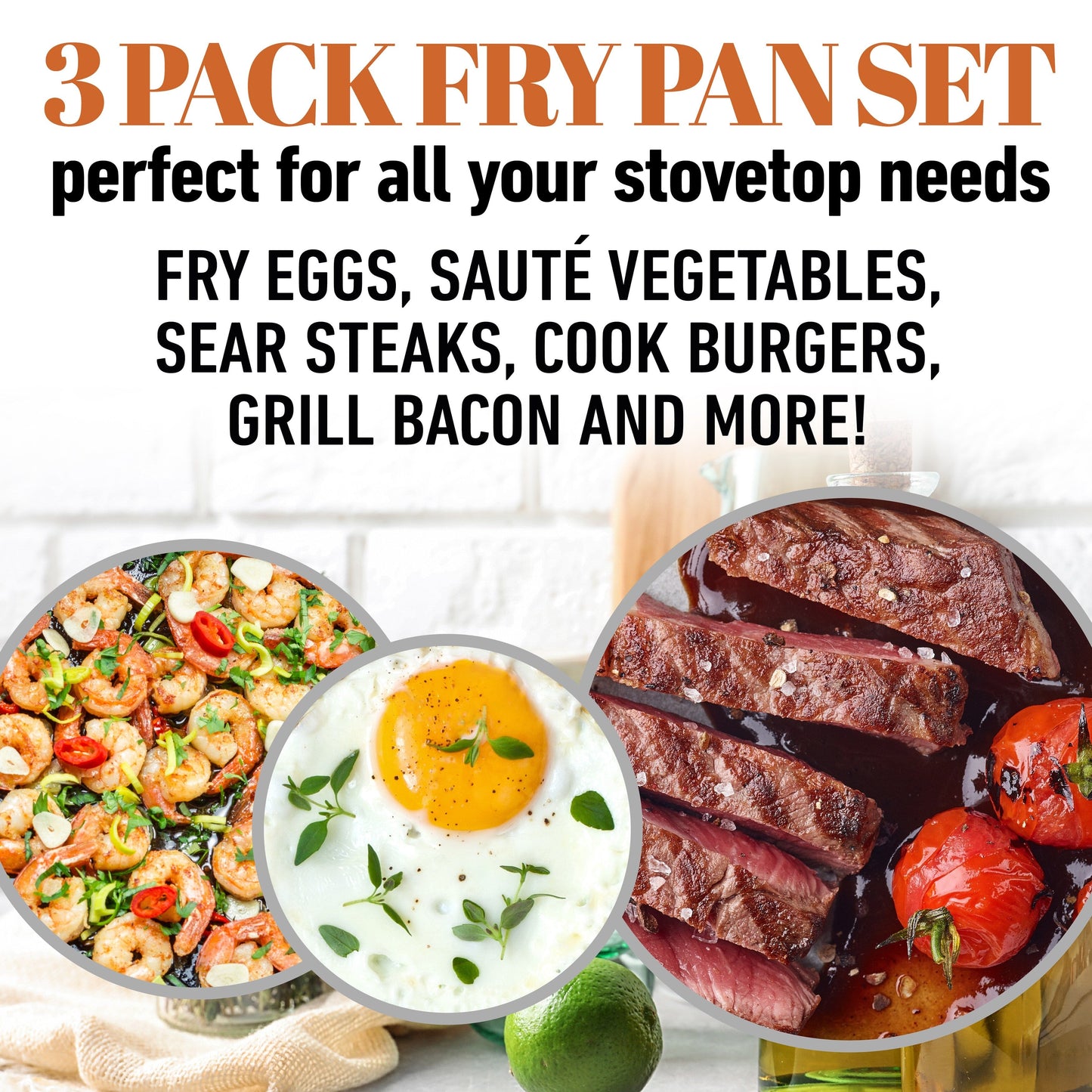 Gotham Steel Copper Cast Textured 3 Pack Nonstick Fry Pan Set - 8'' 10'' and 12''
