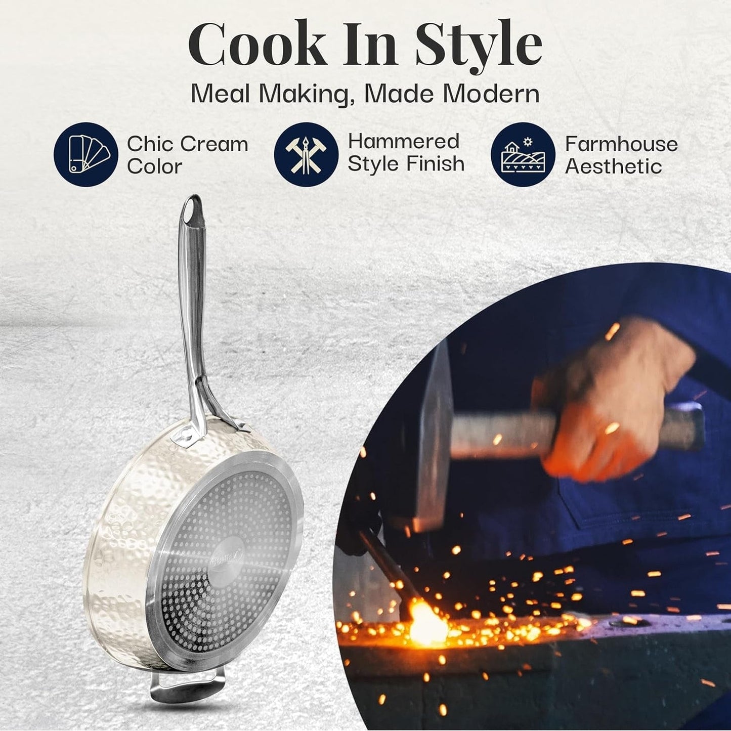 Gotham Steel Hammered Cream Nonstick Frying Pan 14 Large Skillet With Glass Lid