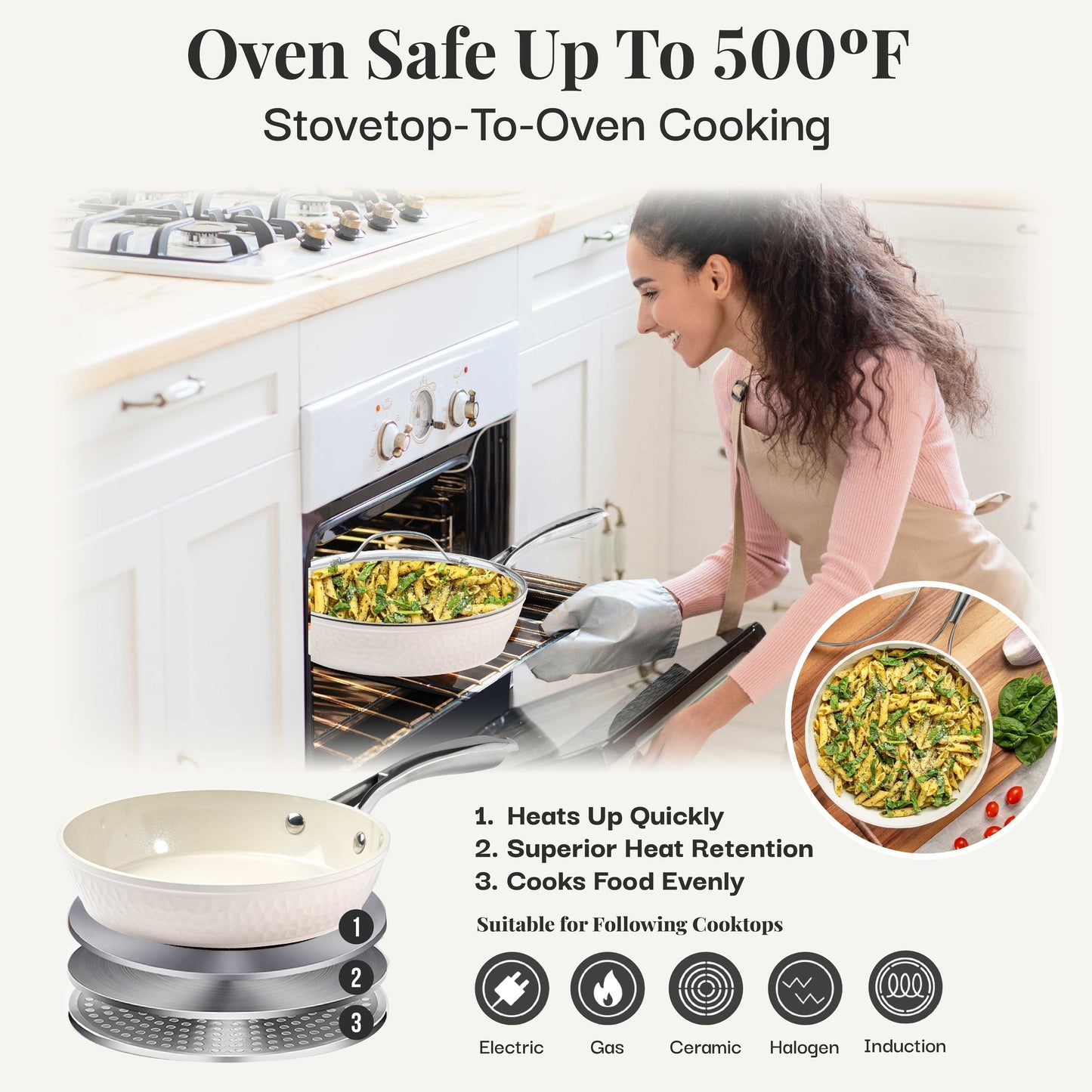 Gotham Steel Hammered Cream 15 Piece Pots and Pans Ultra Ceramic Nonstick Cookware Set with Utensils