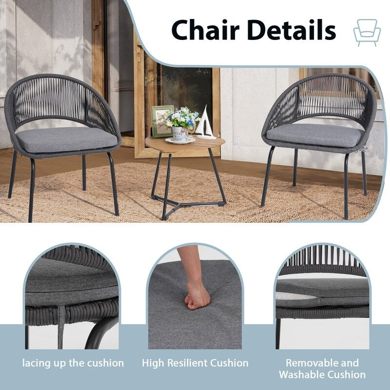 Gray Woven Rope Bistro Set-3-Piece Patio Chairs with Seat Pads