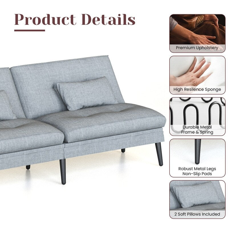 Grondin Convertible Futon Sofa Bed, 5-Angle Adjustable Backrest Sleeper Couch with 2 Pillows, Modern Style Recliner Lounge