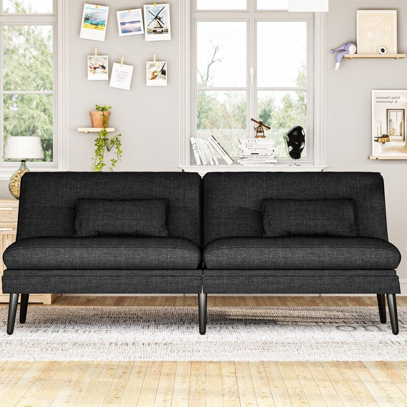 Grondin Convertible Futon Sofa Bed, 5-Angle Adjustable Backrest Sleeper Couch with 2 Pillows, Modern Style Recliner Lounge