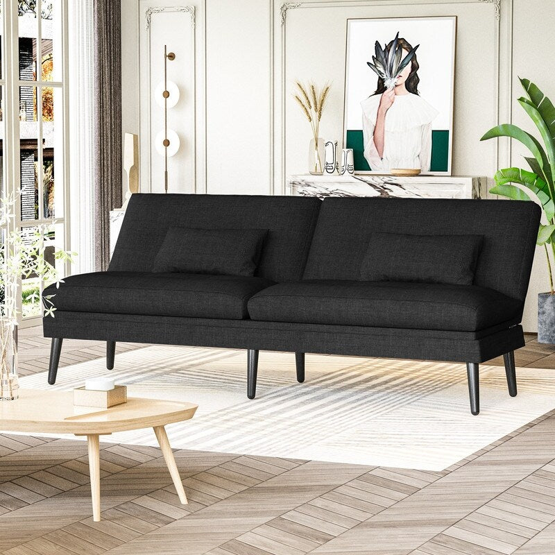 Grondin Convertible Futon Sofa Bed, 5-Angle Adjustable Backrest Sleeper Couch with 2 Pillows, Modern Style Recliner Lounge