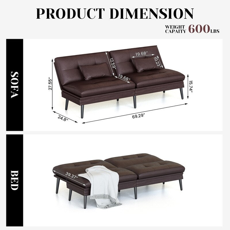 Grondin Convertible Futon Sofa Bed, 5-Angle Adjustable Backrest Sleeper Couch with 2 Pillows, Modern Style Recliner Lounge