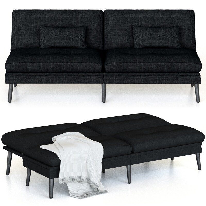 Grondin Convertible Futon Sofa Bed, 5-Angle Adjustable Backrest Sleeper Couch with 2 Pillows, Modern Style Recliner Lounge