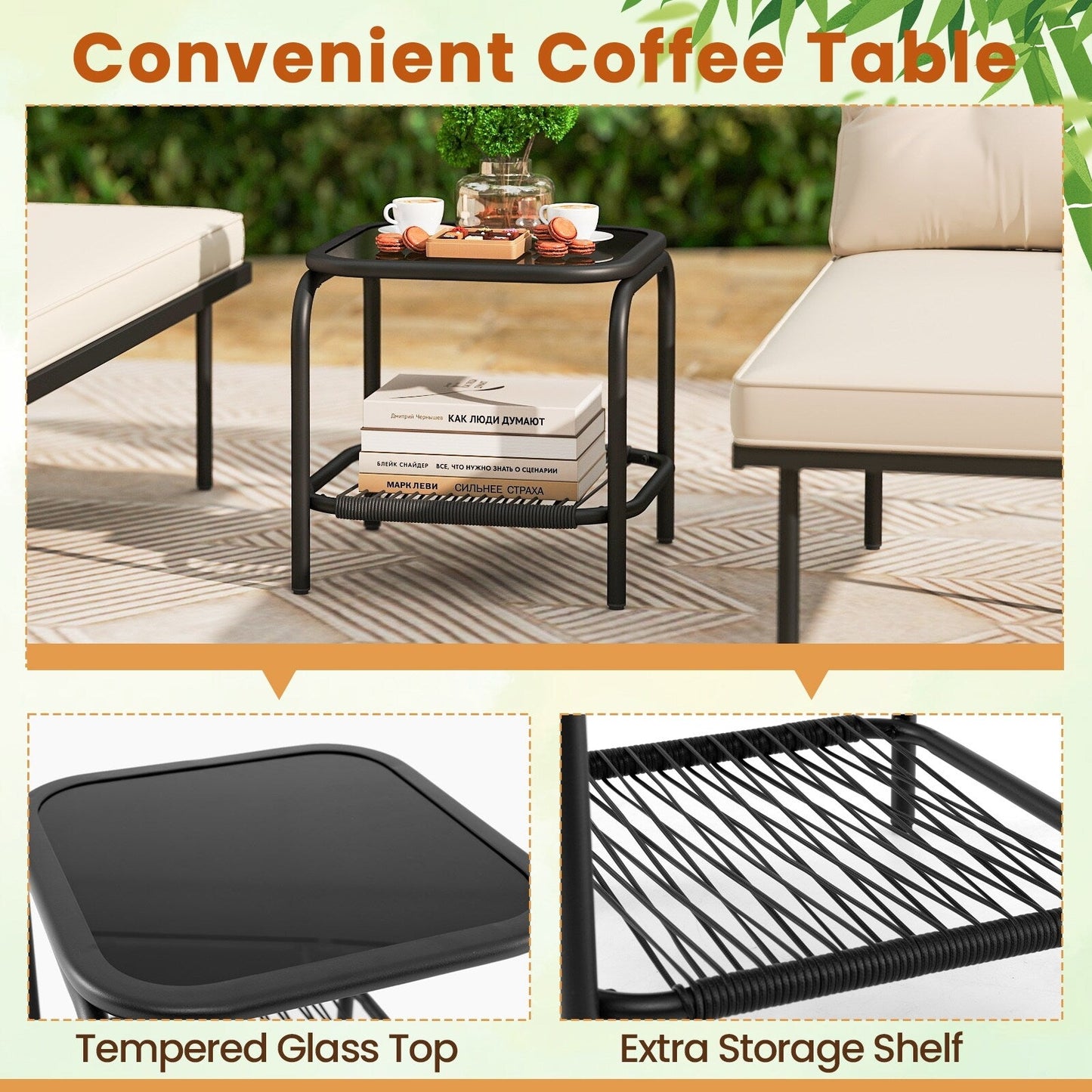 Gymax 3-Piece L Shaped Patio Furniture Set w/Tempered Glass Table Back