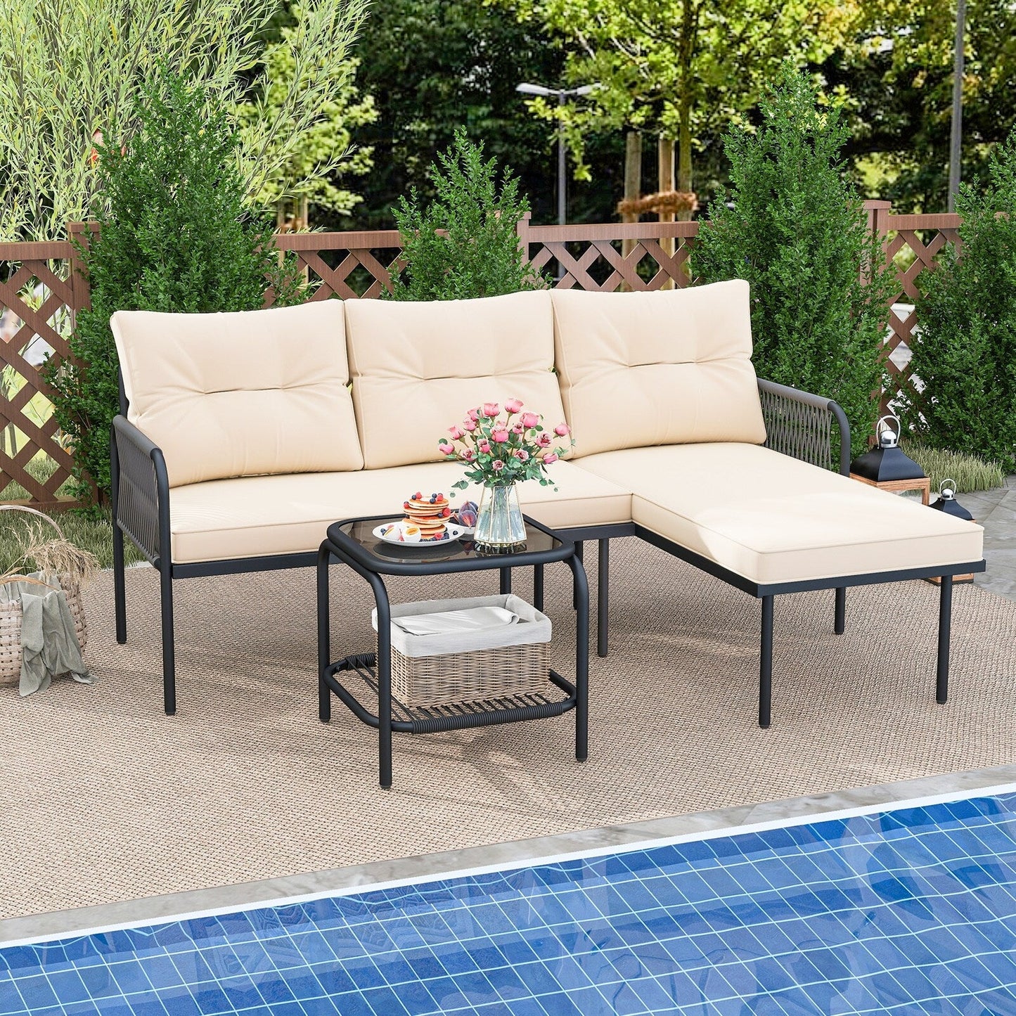 Gymax 3-Piece L Shaped Patio Furniture Set w/Tempered Glass Table Back