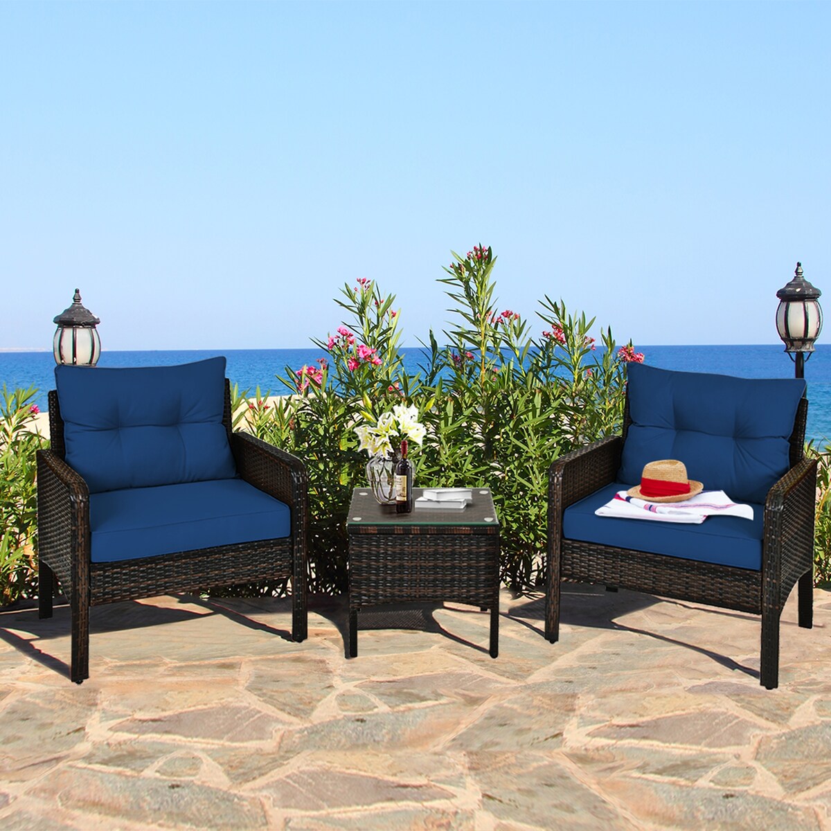 Gymax 3PCS Rattan Patio Conversation Furniture Set Yard Outdoor w/