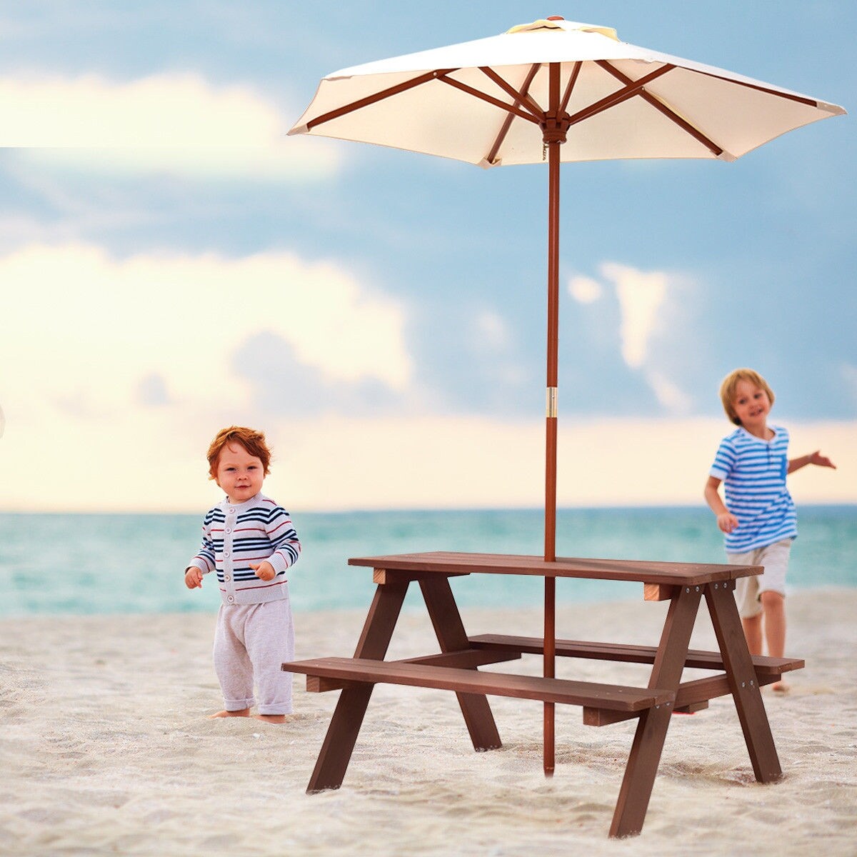 Gymax Children Outdoor 4 Seat Kids Picnic Table Bench with Folding