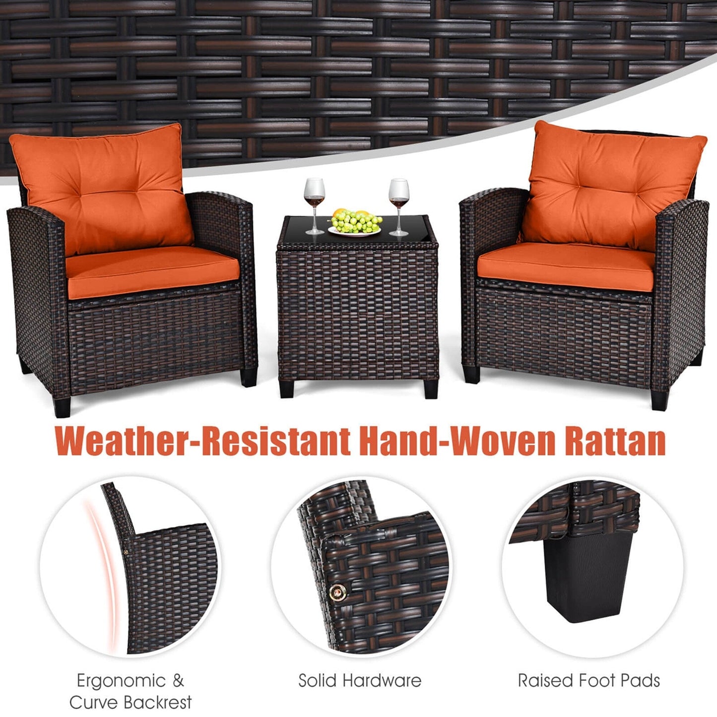 Gymax Set of 3 Rattan Furniture Set Patio Cushioned Conversation Set