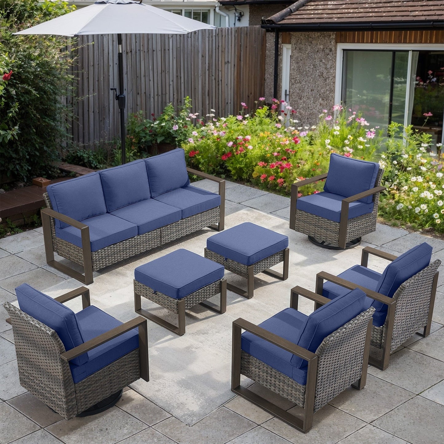 Gymojoy 7 Pieces Patio Sofa with Rattan Swivel Rocking Chair Ottomans Outdoor Conversation Set