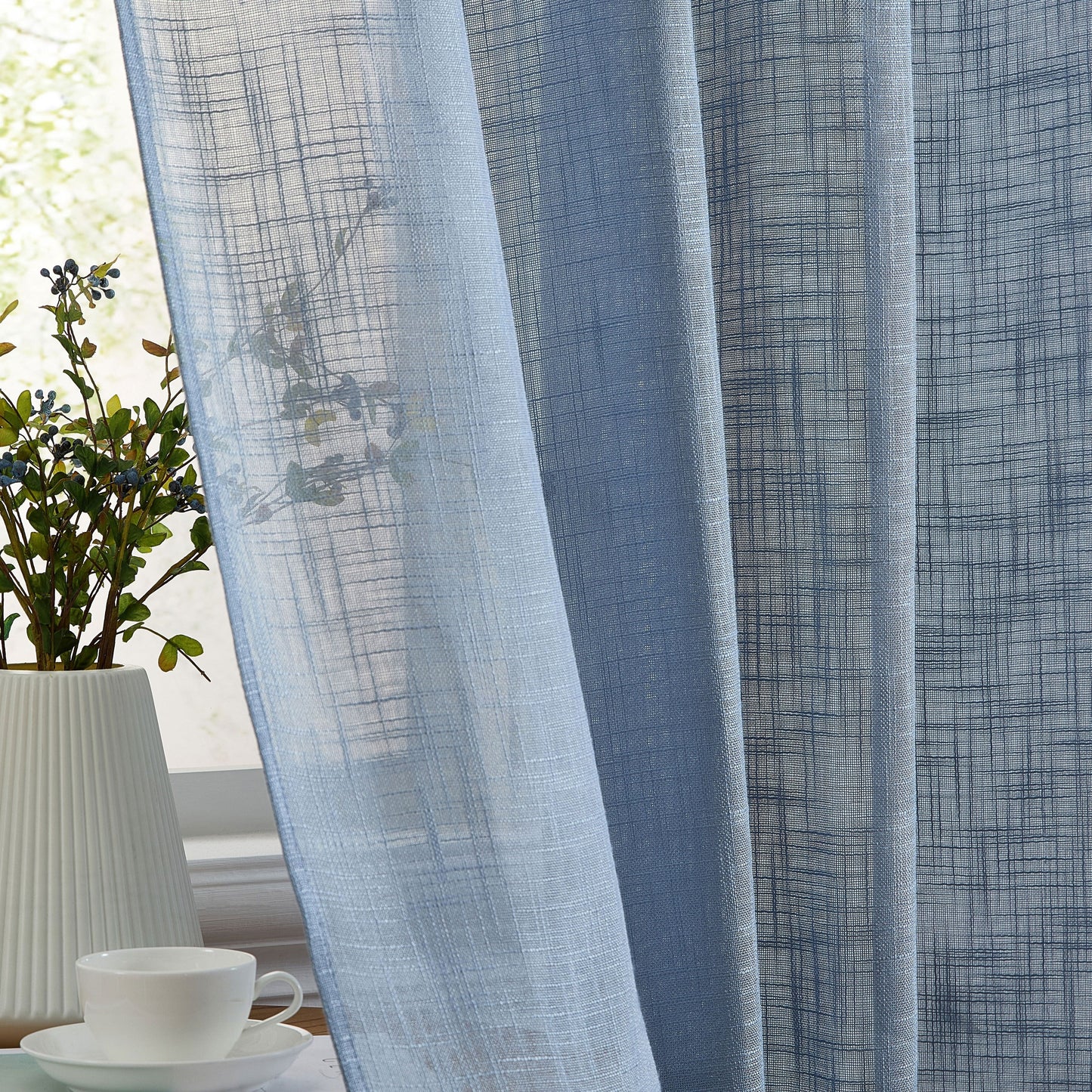 HLC.me Abbey Faux Linen Textured Semi Sheer Privacy Light Filtering Transparent Window Grommet Curtain Panels, Pair