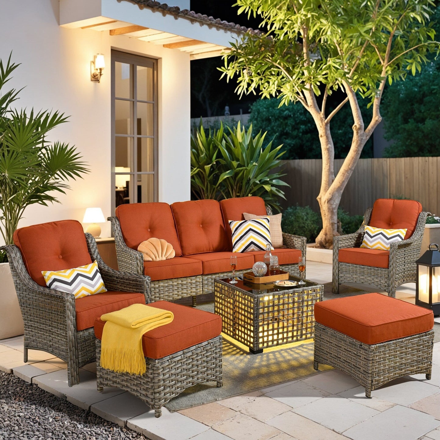 HOOOWOOO 6-pieces Wicker Patio Furniture Conversation Set with Coffee Table