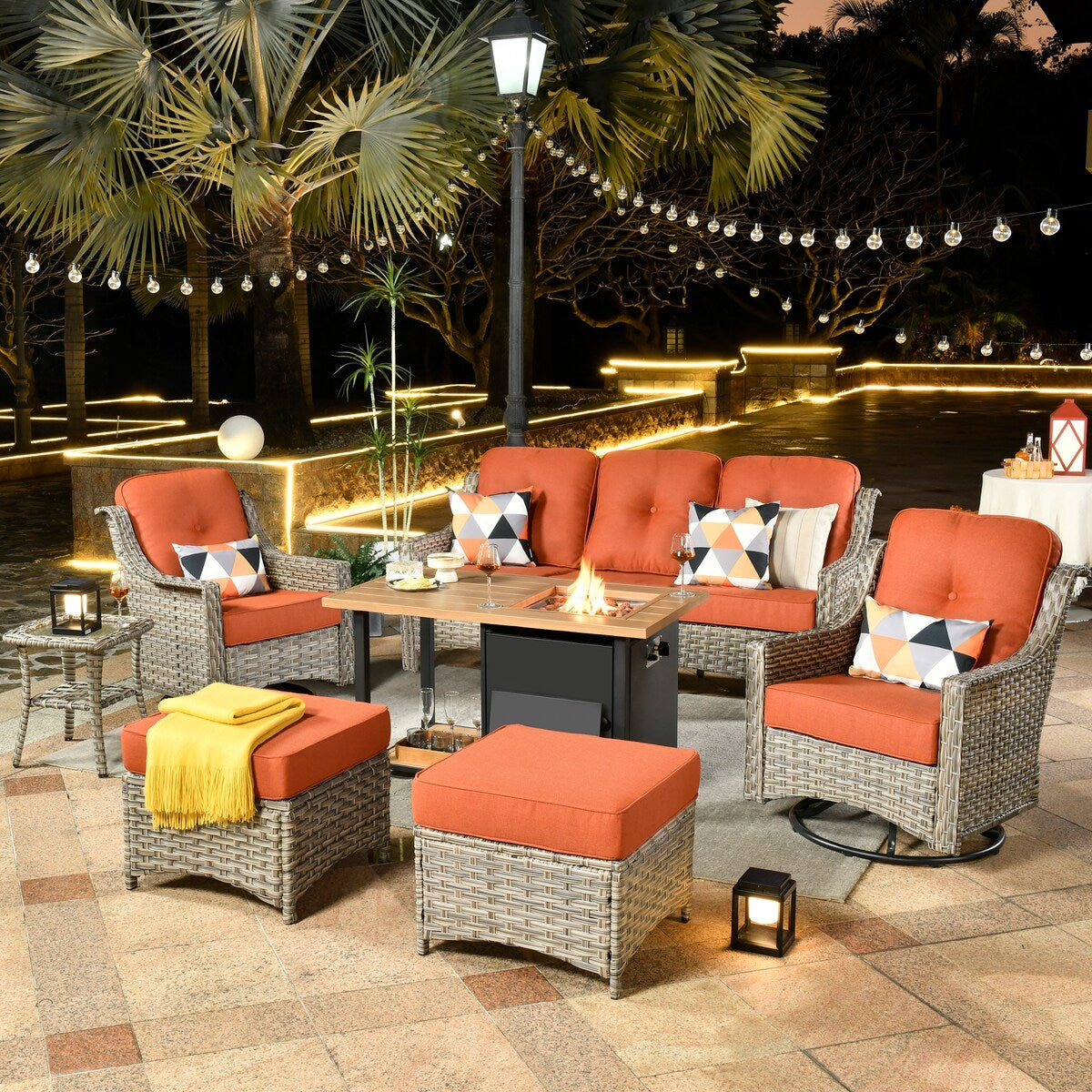 HOOOWOOO 7-piece Wicker High Back Patio Furniture Swivel Rocker Set with Fire Pit