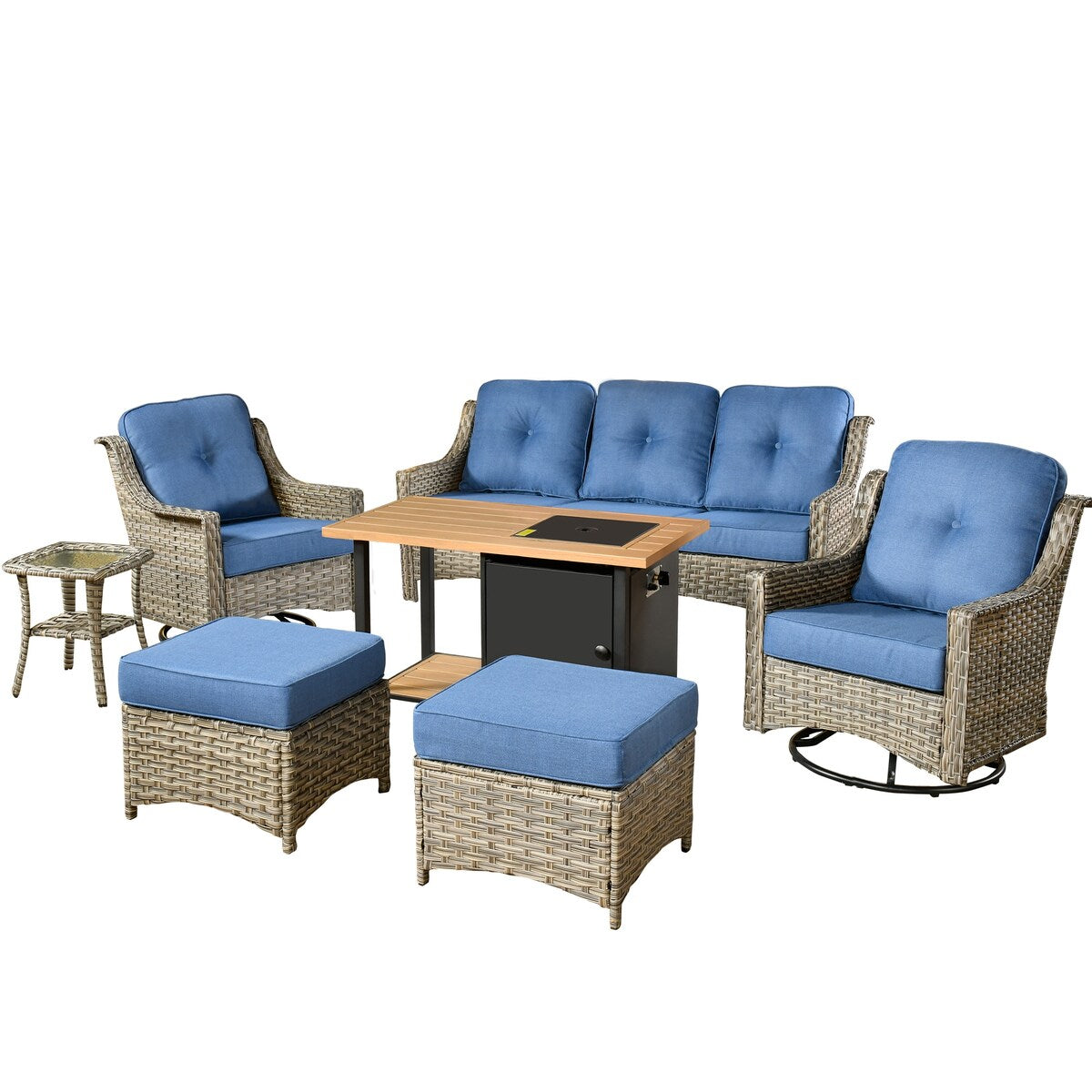 HOOOWOOO 7-piece Wicker High Back Patio Furniture Swivel Rocker Set with Fire Pit