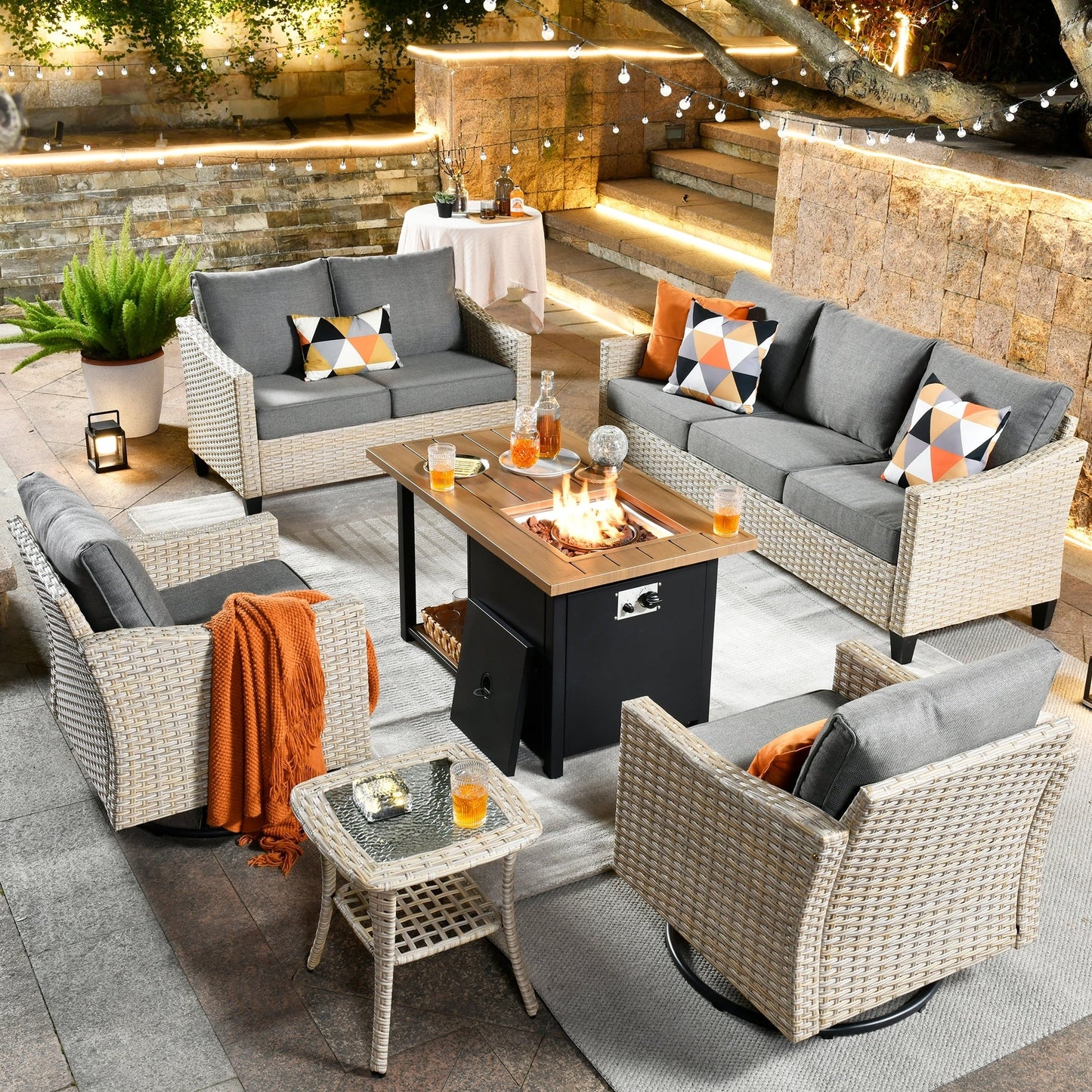 HOOOWOOO 6-piece Wicker Patio Outdoor Furniture Fire Pit Set with Swivel Rocking Chair
