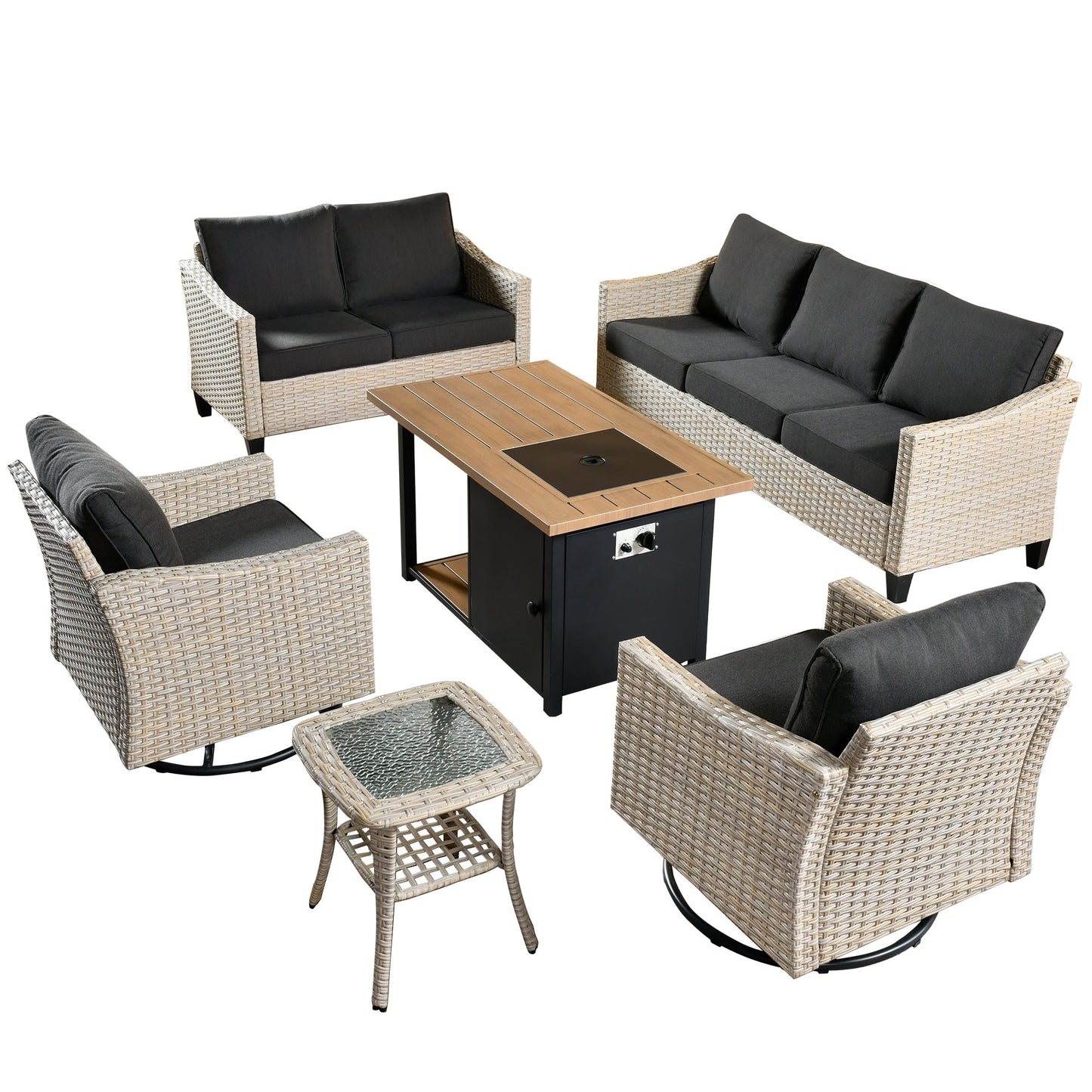 HOOOWOOO 6-piece Wicker Patio Outdoor Furniture Fire Pit Set with Swivel Rocking Chair