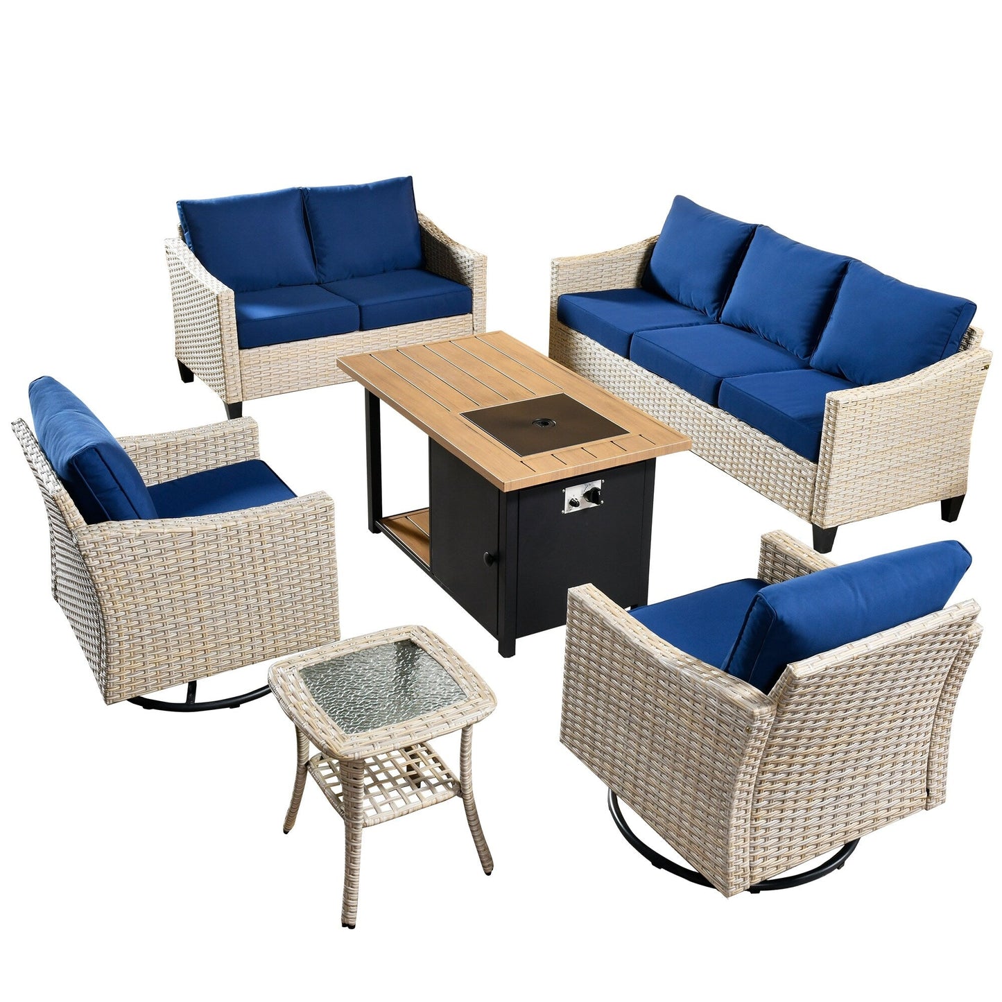 HOOOWOOO 6-piece Wicker Patio Outdoor Furniture Fire Pit Set with Swivel Rocking Chair