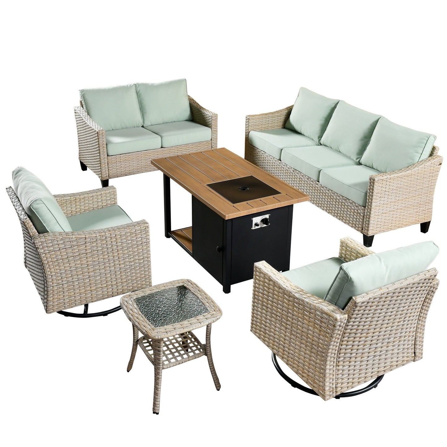 HOOOWOOO 6-piece Wicker Patio Outdoor Furniture Fire Pit Set with Swivel Rocking Chair