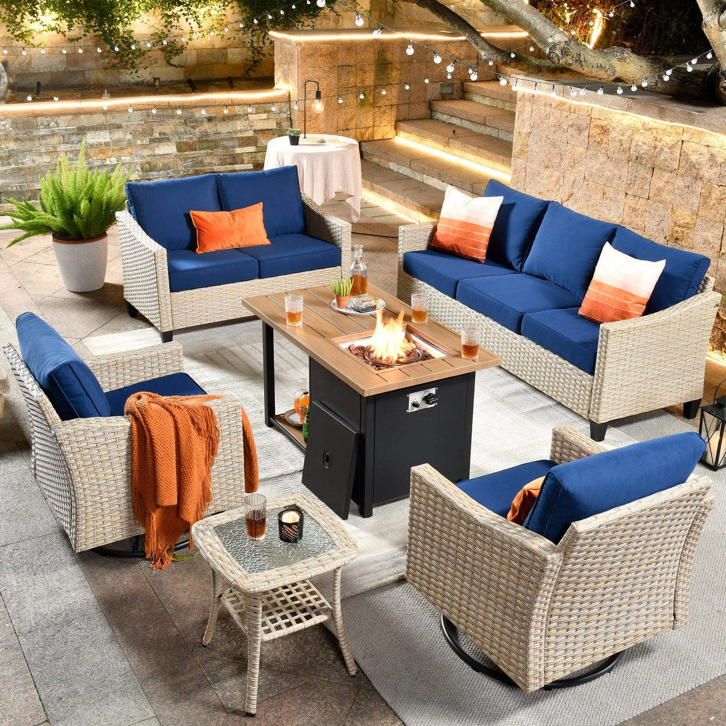 HOOOWOOO 6-piece Wicker Patio Outdoor Furniture Fire Pit Set with Swivel Rocking Chair